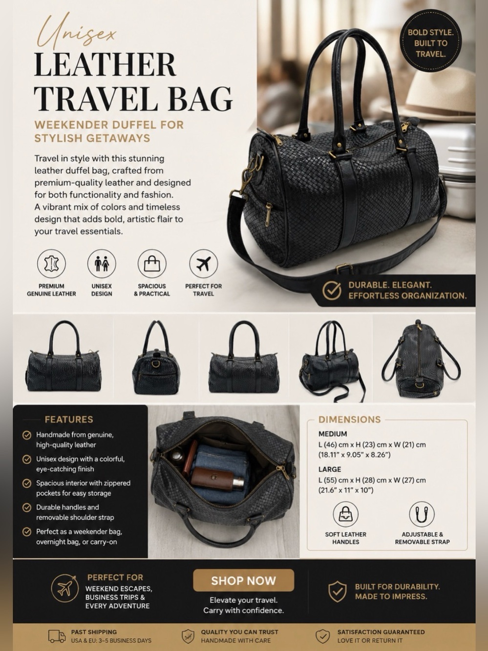Unbranded Black Leather Travel Duffel Bag